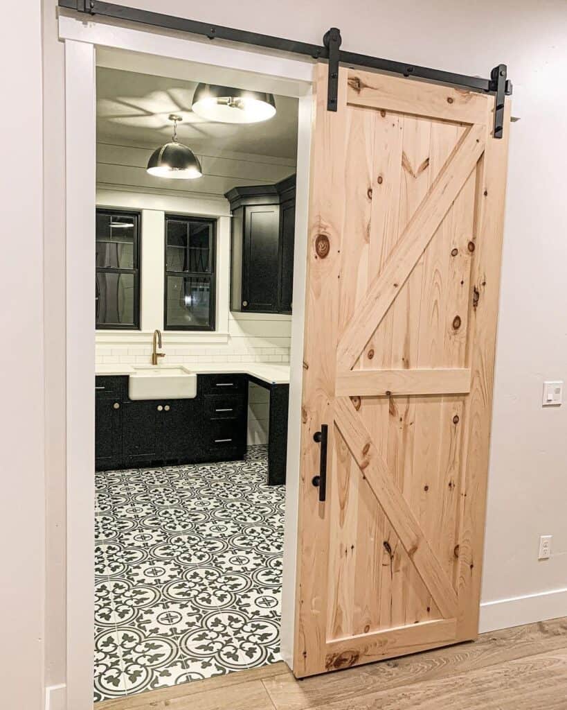 Mosaic Flooring With Laundry Barn Door