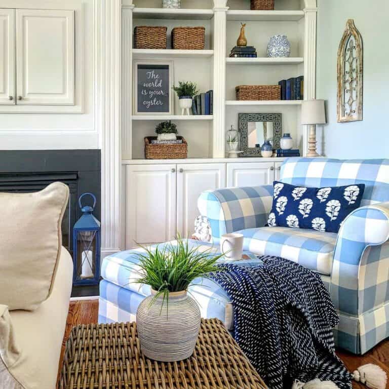 Blue and White Gingham Chairs for Living Room