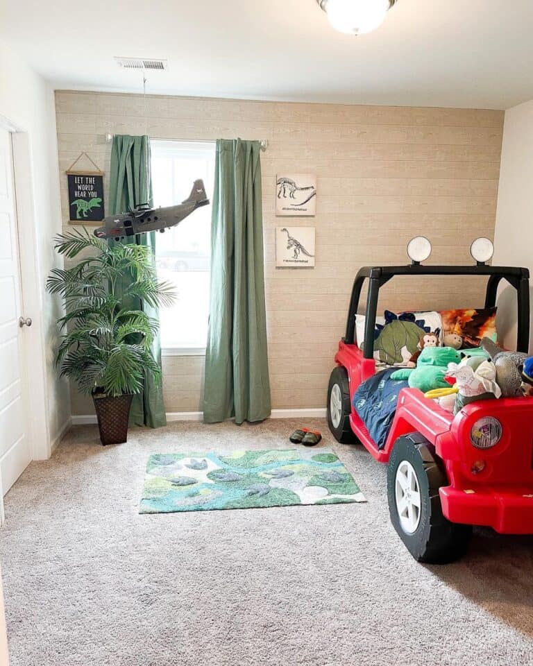 Boy's Room with Red and Black Toddler Jeep Bed
