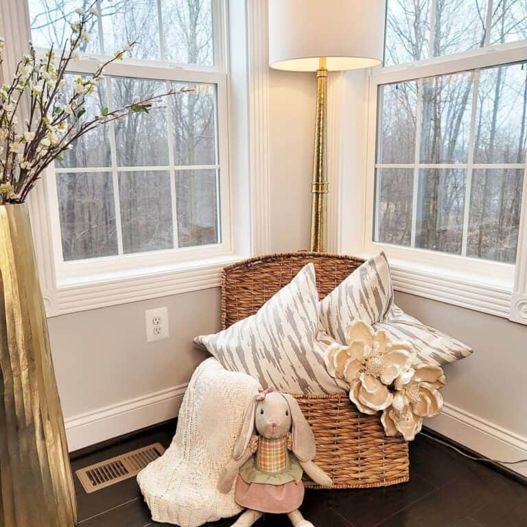 Family Room with White and Gold Floor Lamp