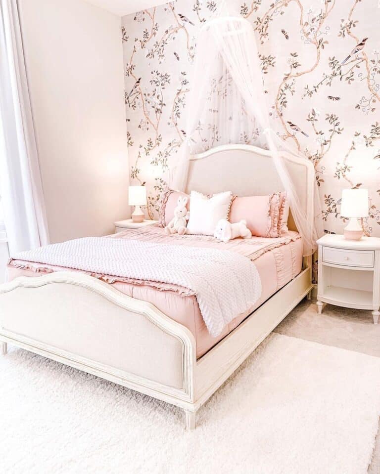 Farmhouse Girl Bed with Sheer Light Pink Canopy