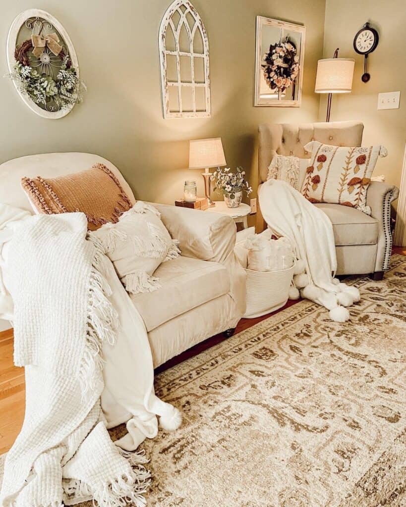 Farmhouse Living Room with Gold Table Lamp