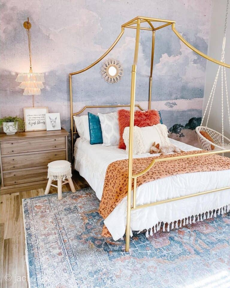 Girls Bedroom with Gold Metal Canopy Bed