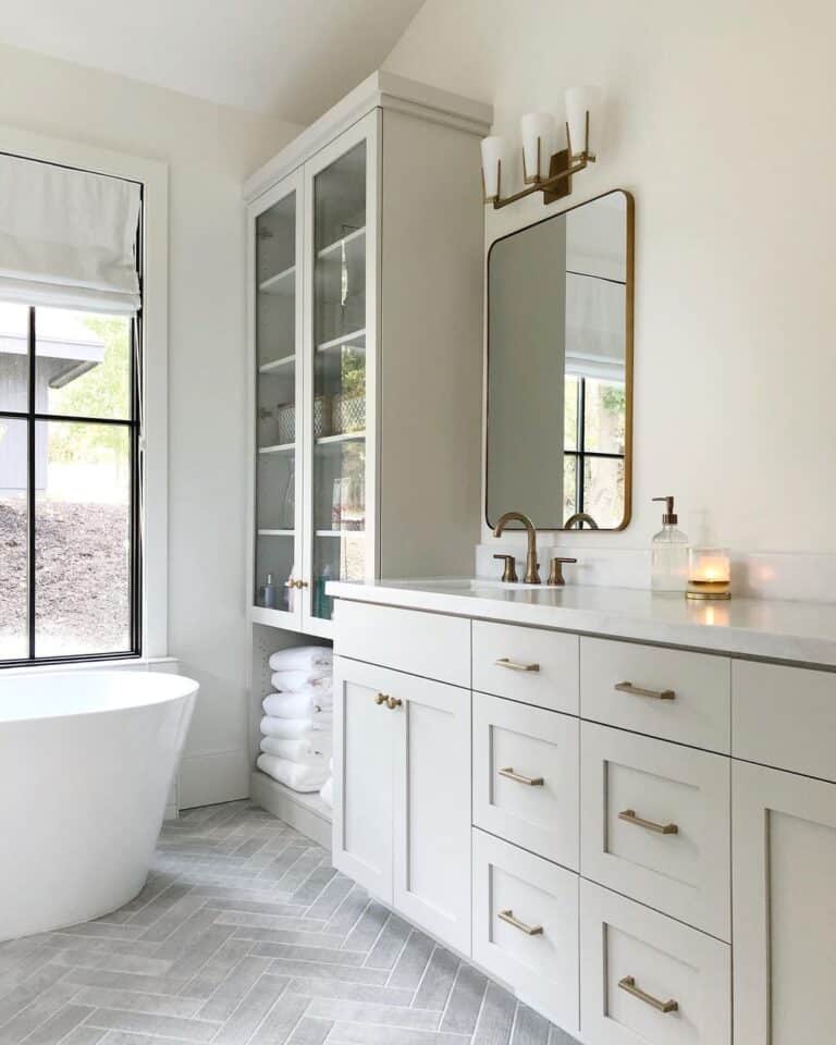 Gray Herringbone Tile Bathroom Floor