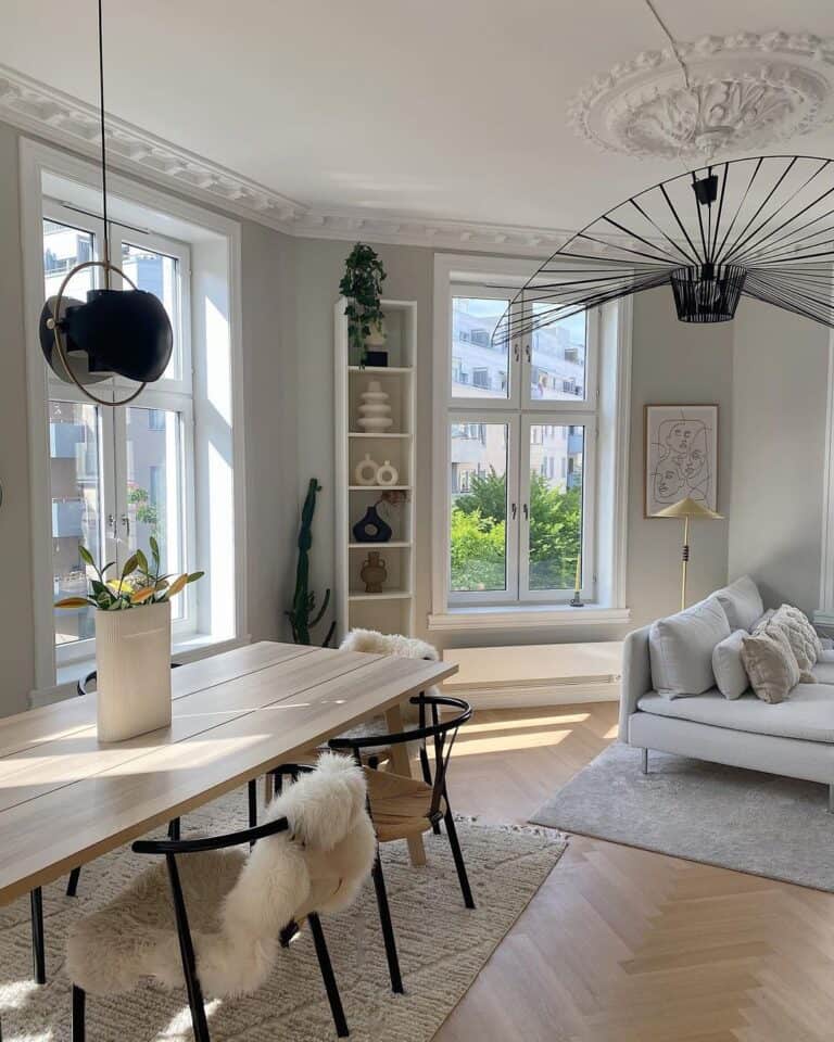 Gray Lounge Chairs with Gold Floor Lamp