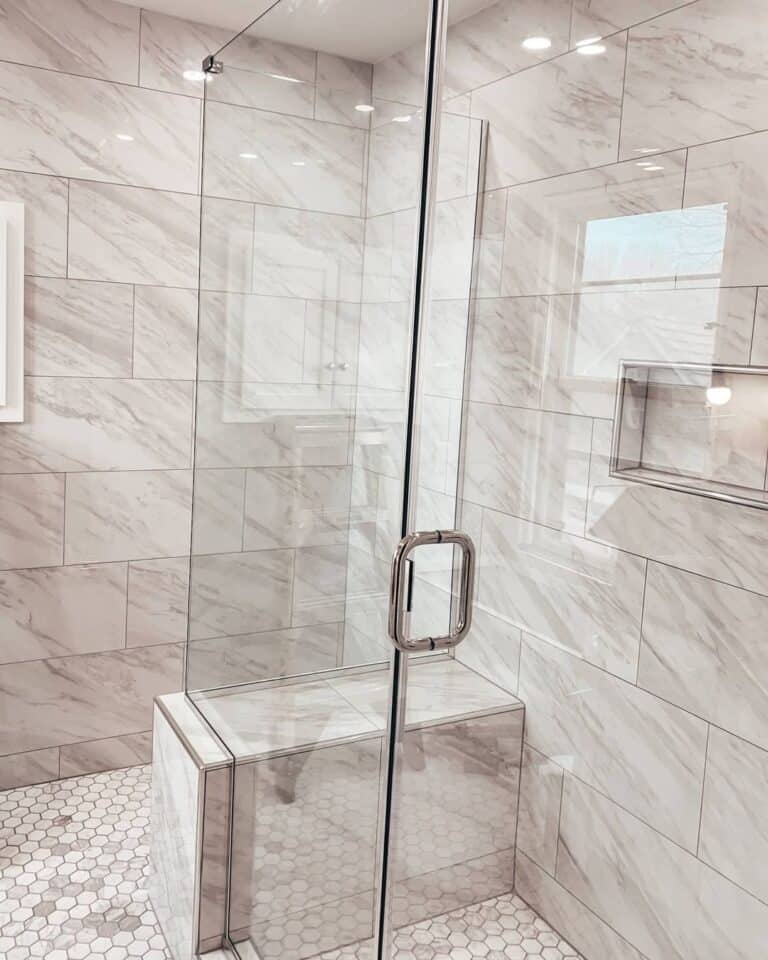 Gray Marble Tile Shower with Built-in Bench