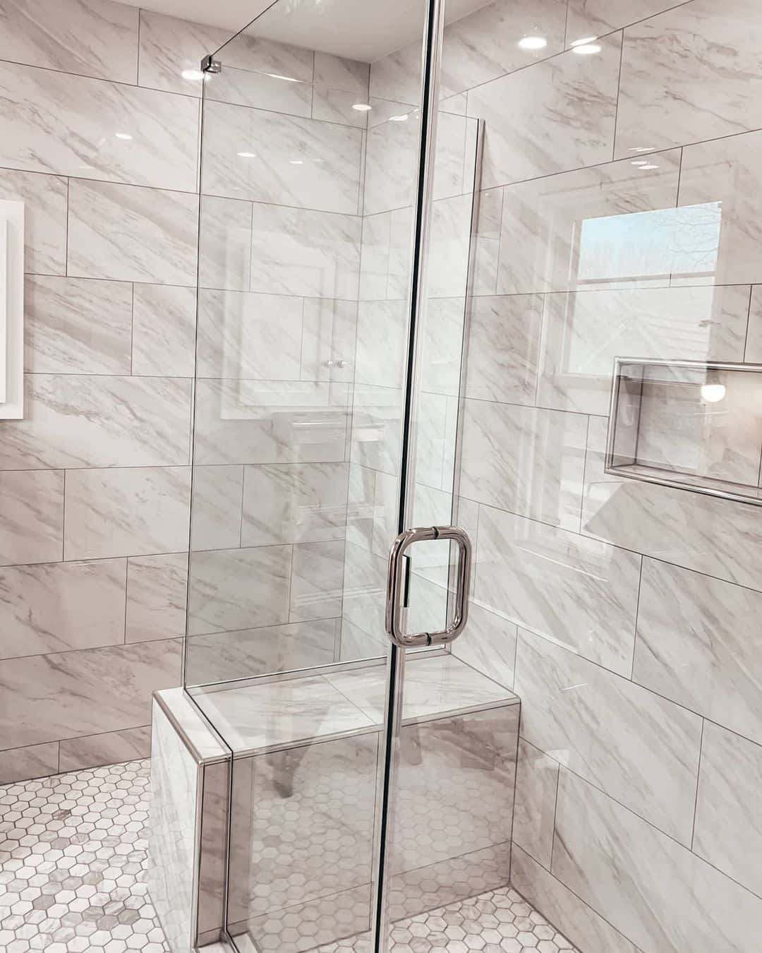 Gray Marble Tile Shower with Builtin Bench Soul & Lane