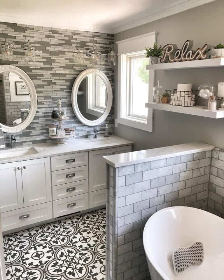 Gray Skinny Tile Bathroom with White Vanity