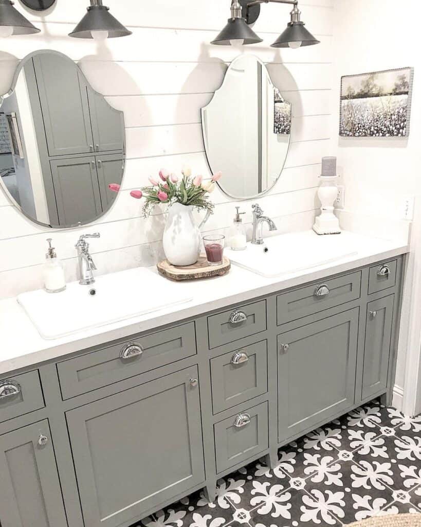 Gray Washstand with Beveled Bathroom Mirrors