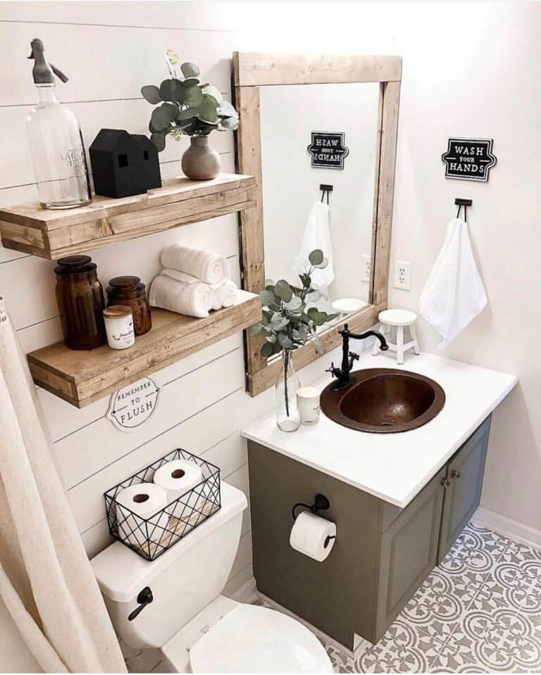 Gray Washstand with Wood Frame Bathroom Mirror