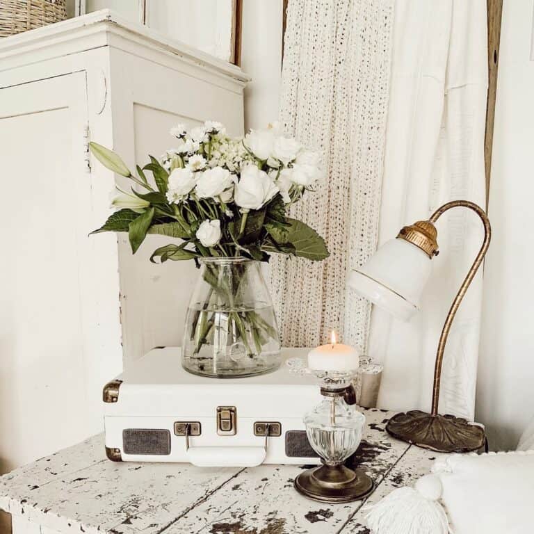 Nightstand with Antique White and Gold Lamp