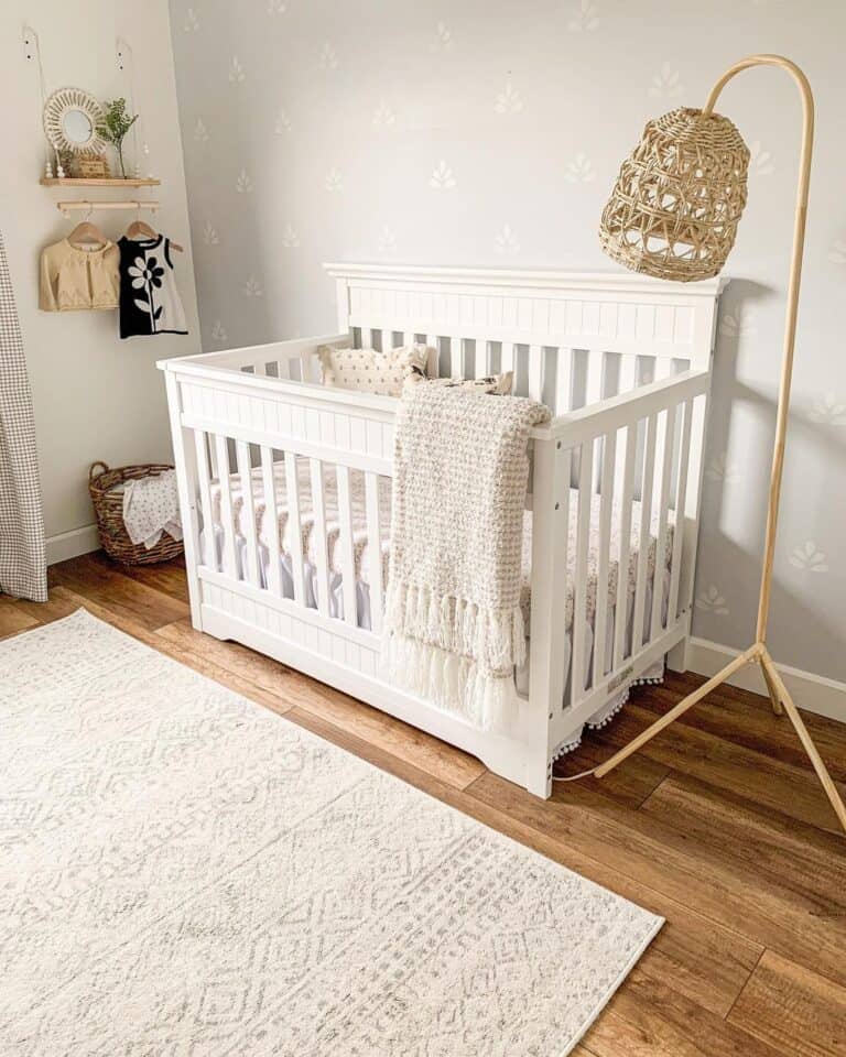 Nursery with Wood and Rattan Arc Floor Lamp