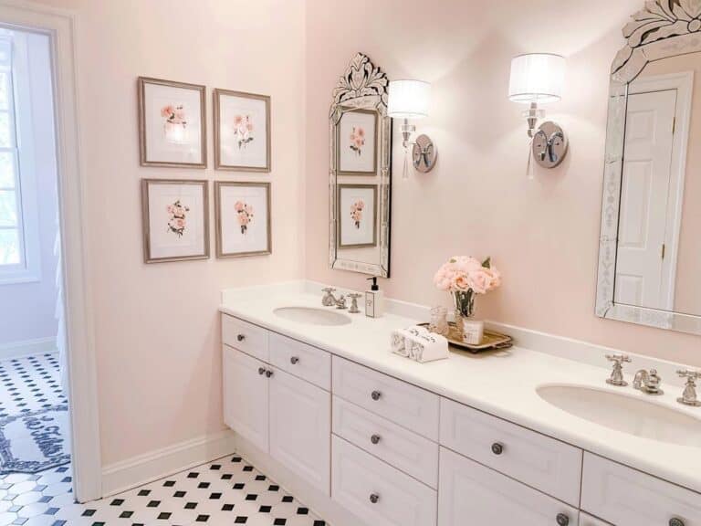 Pink Bathroom with Black and White Tile Floors