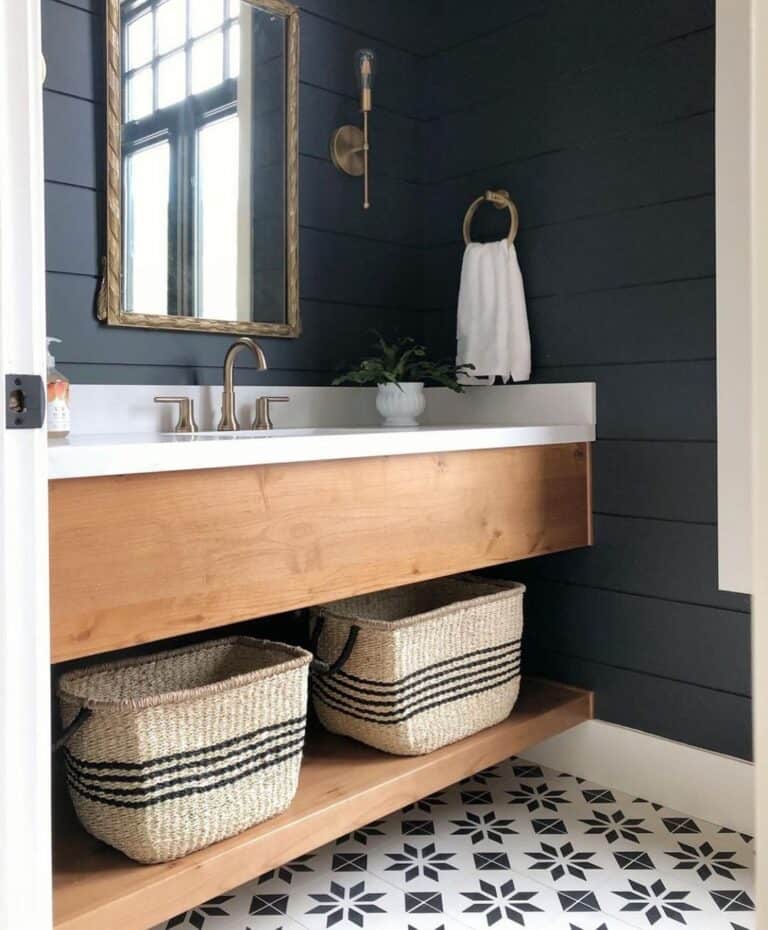 Powder Room with Black and White Floor Tiles