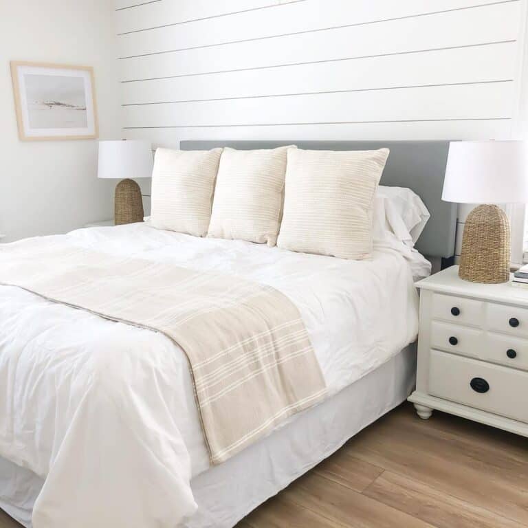 White Shiplap Bedroom Wall and Night Tables
