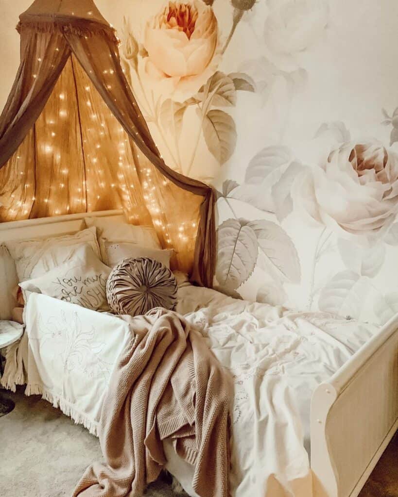 Sheer Brown Kids Bed Canopy with Lights