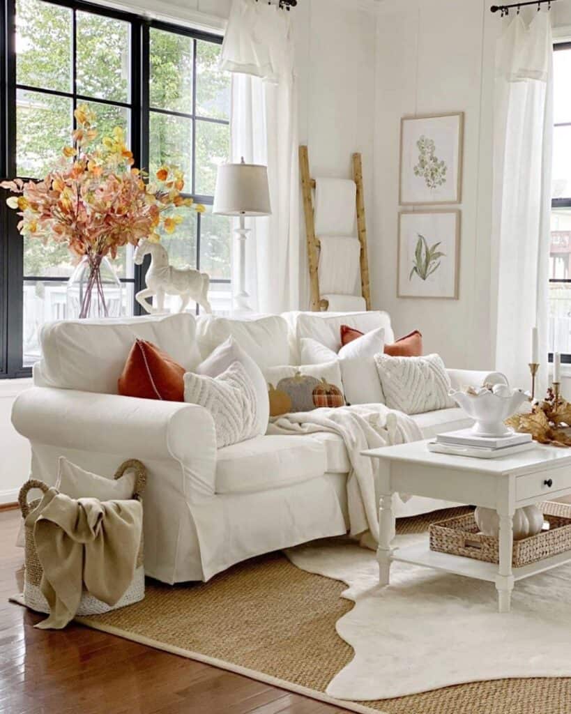 Small White Couch with White Coffee Table