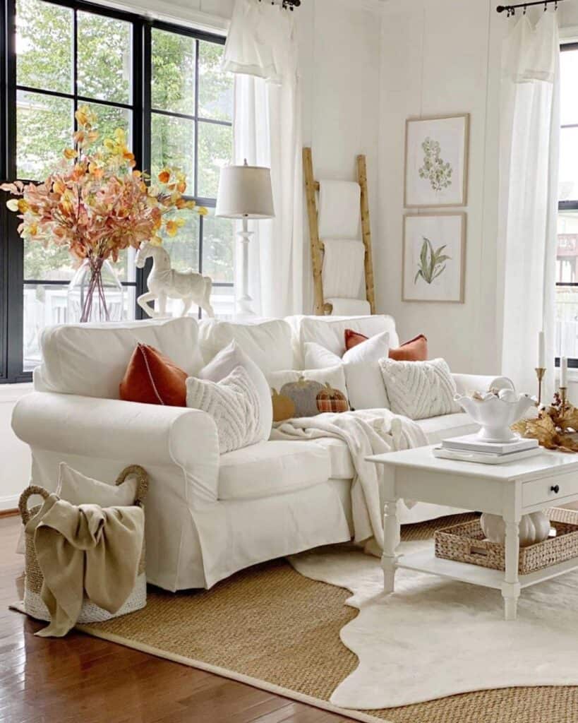 Small White Couch with White Coffee Table