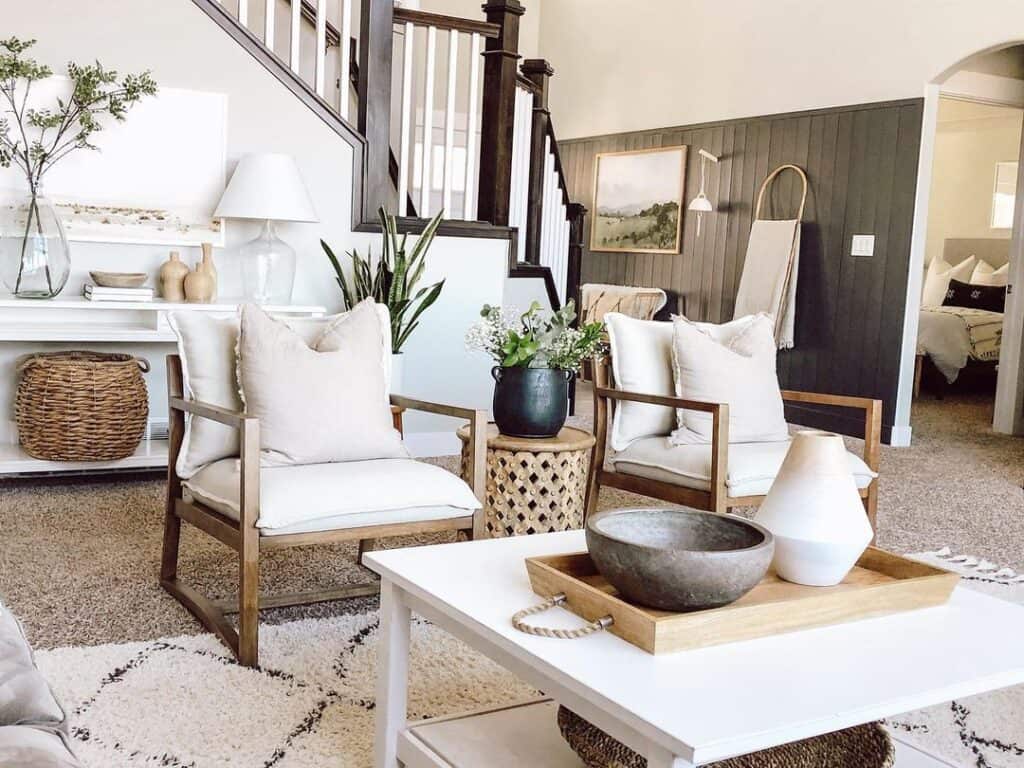 Stained Wood Chairs with White Cushions
