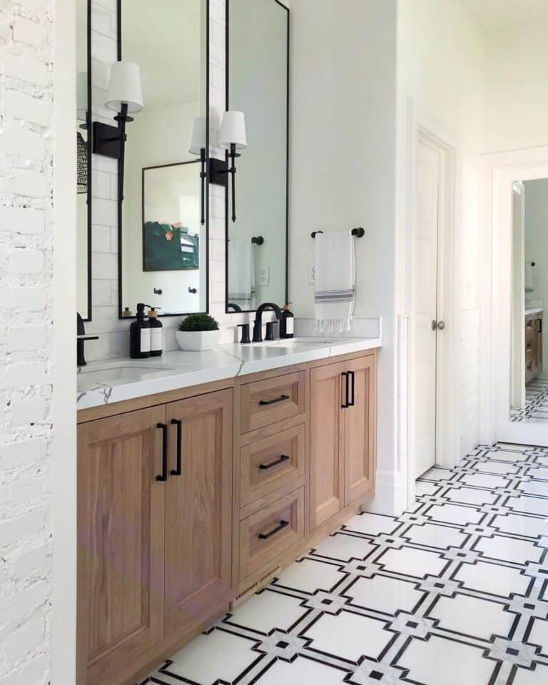 Stained Wood Vanity on Bathroom Floor Tiles