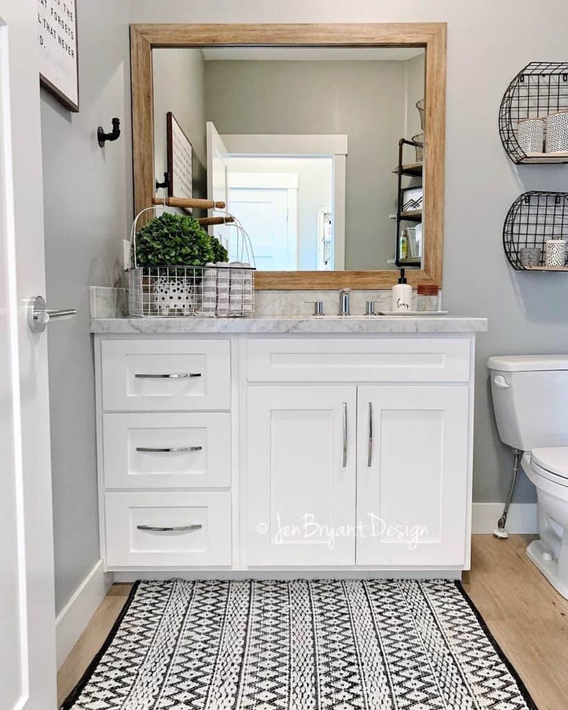 White Bathroom Vanity with Stained Wood Mirror