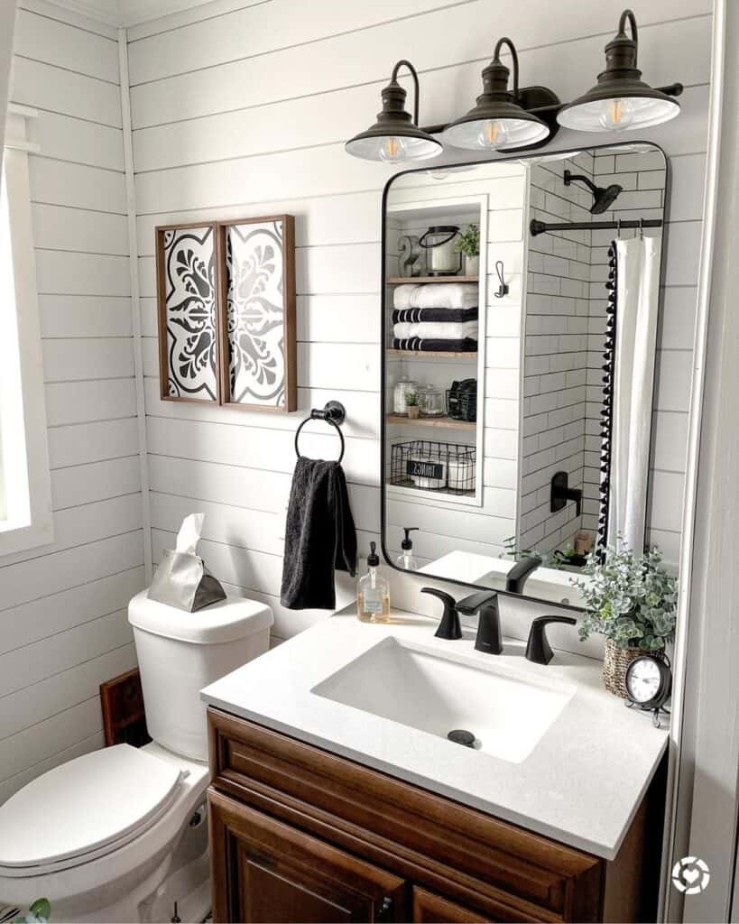 White Shiplap Bathroom with Black Mirror