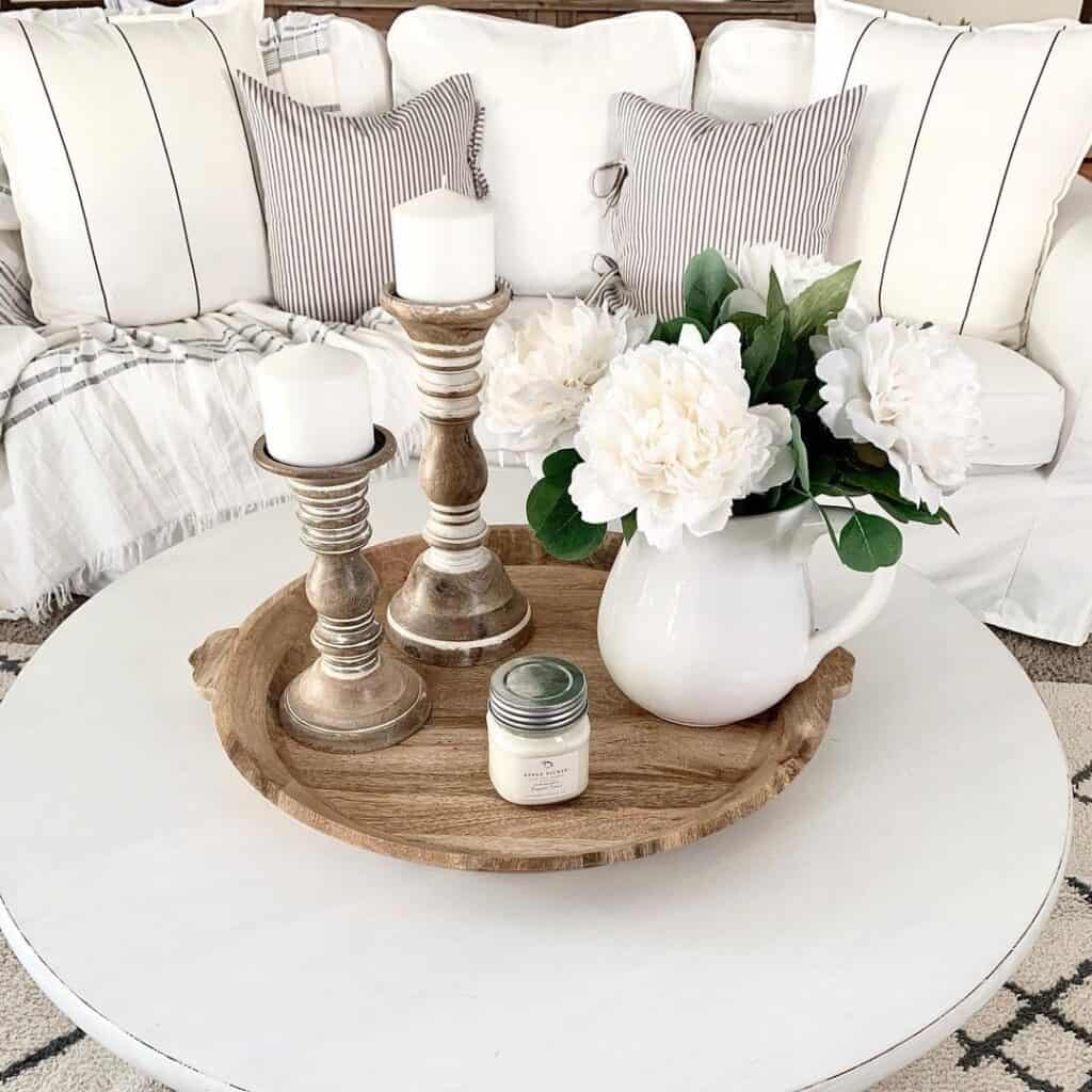White Small Couch with Round Coffee Table