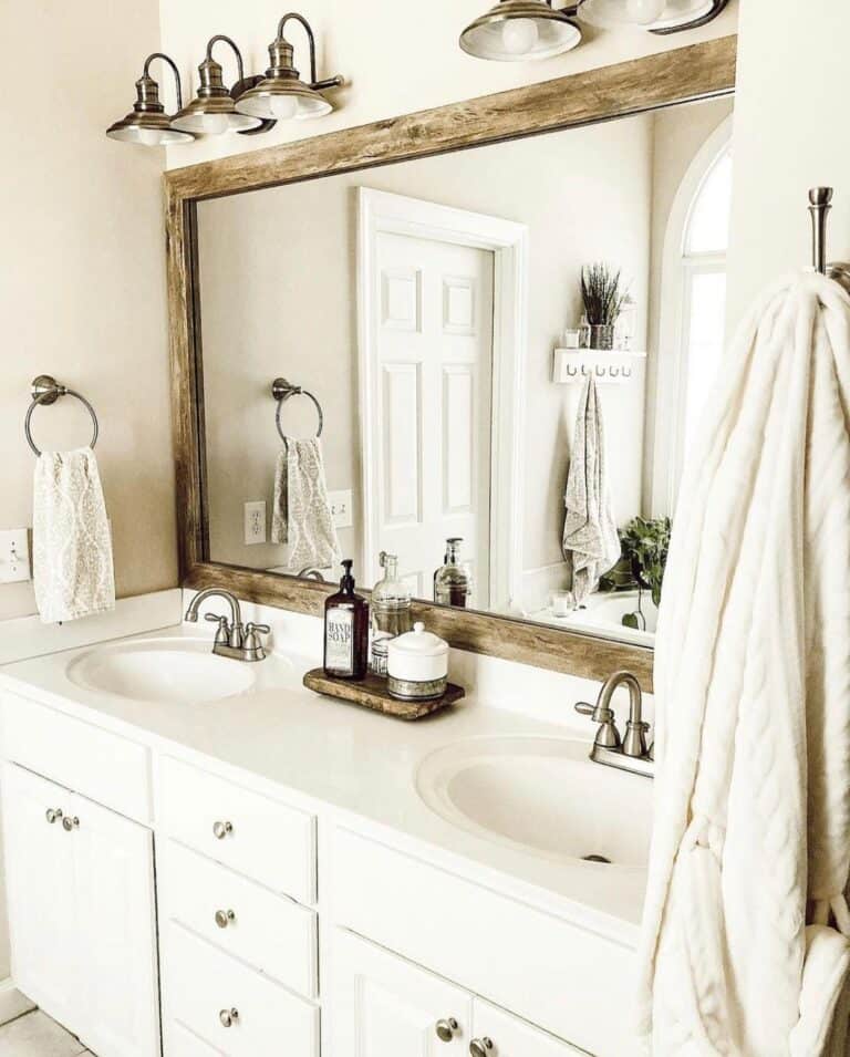 White Vanity with Wood Bathroom Mirror