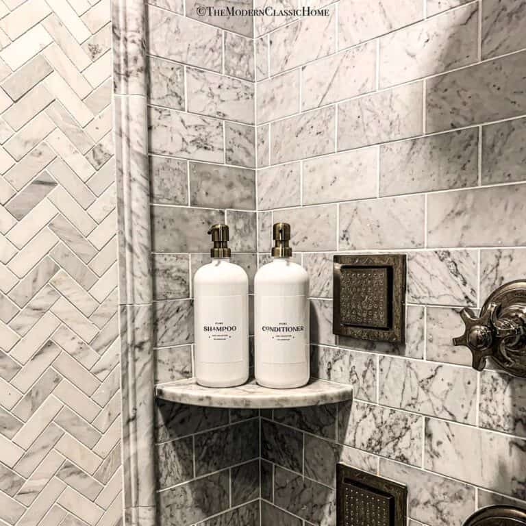 White and Gray Marble Subway Tile Shower