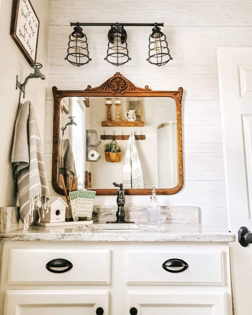 Wood Bathroom Mirror with Black Vanity Light