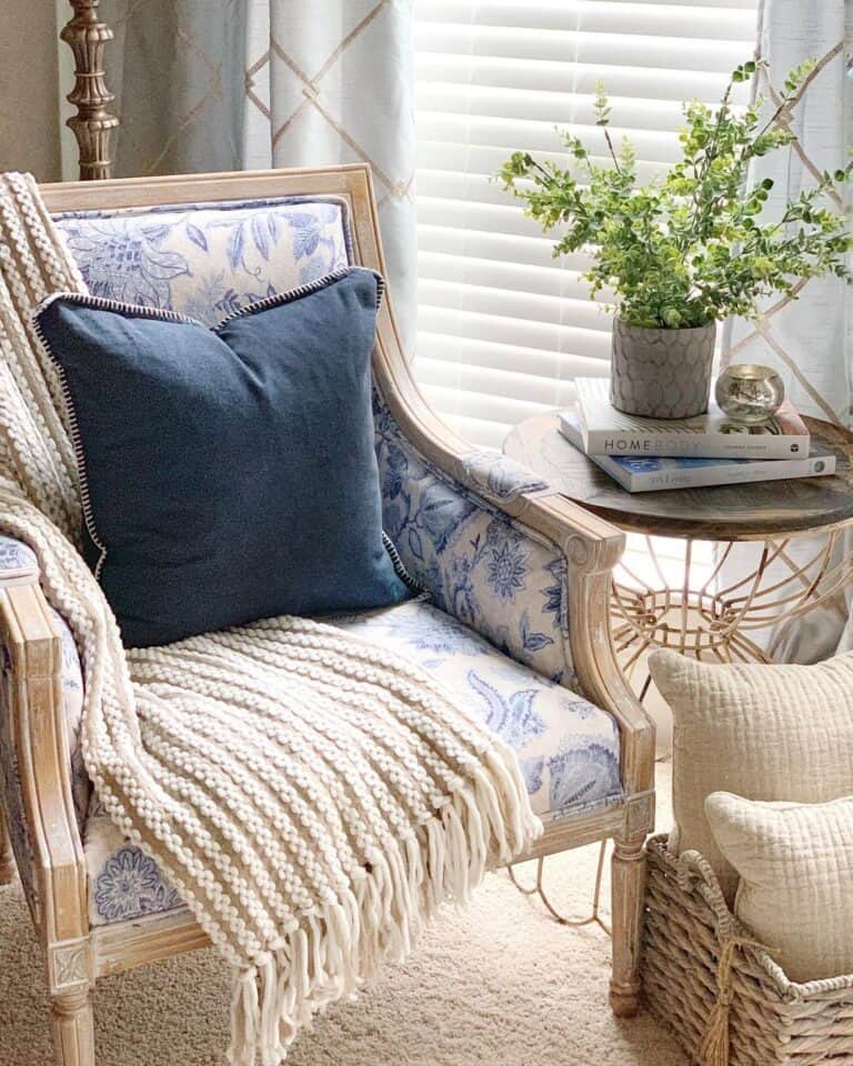Wood Chair with White and Blue Floral Upholstery