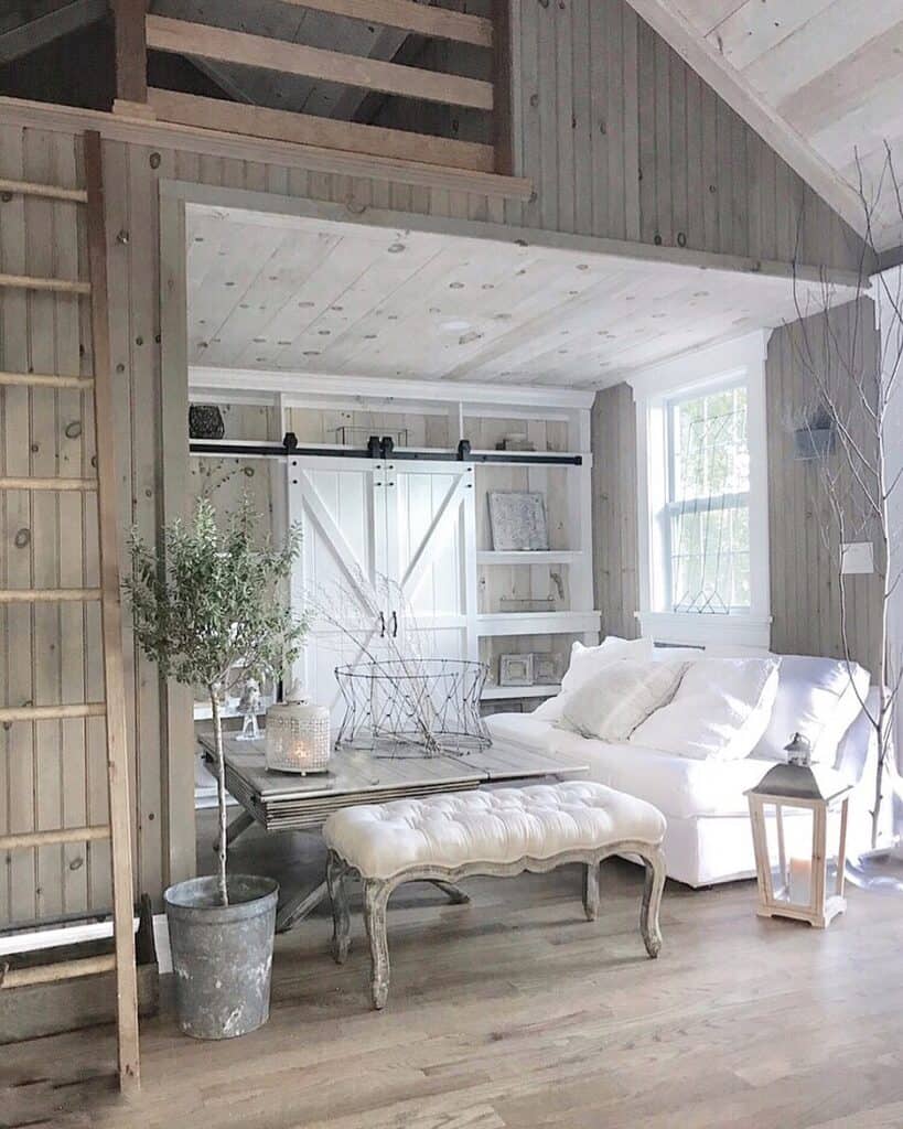 Wood Shiplap Loft with White Small Couch