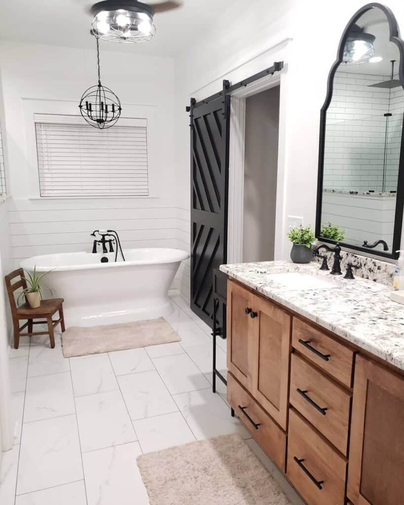 Wood Vanity with Black Frame Bathroom Mirror