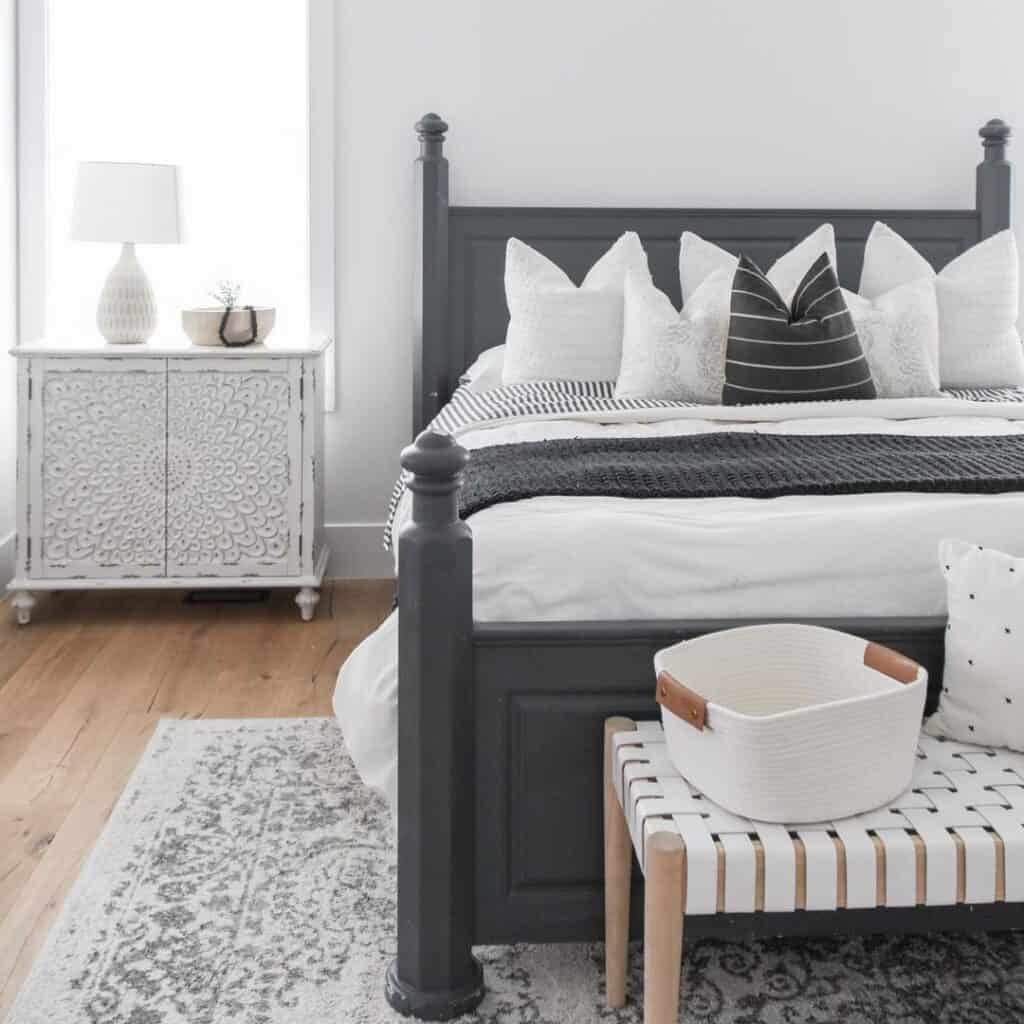 Dark Gray Bed with Bedroom Bench