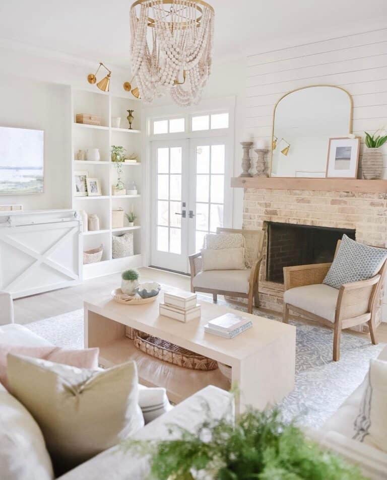 Farmhouse Living Room with Built-in Shelves