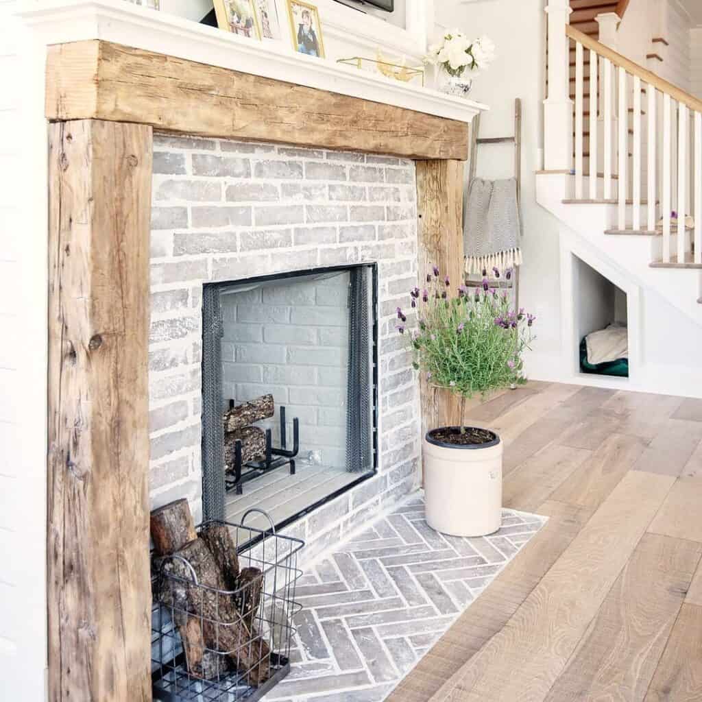 Grey Wash Brick Fireplace with Wood Trim