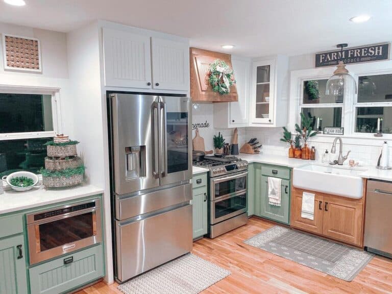 Mint Green Cabinets with White Tile Backsplash