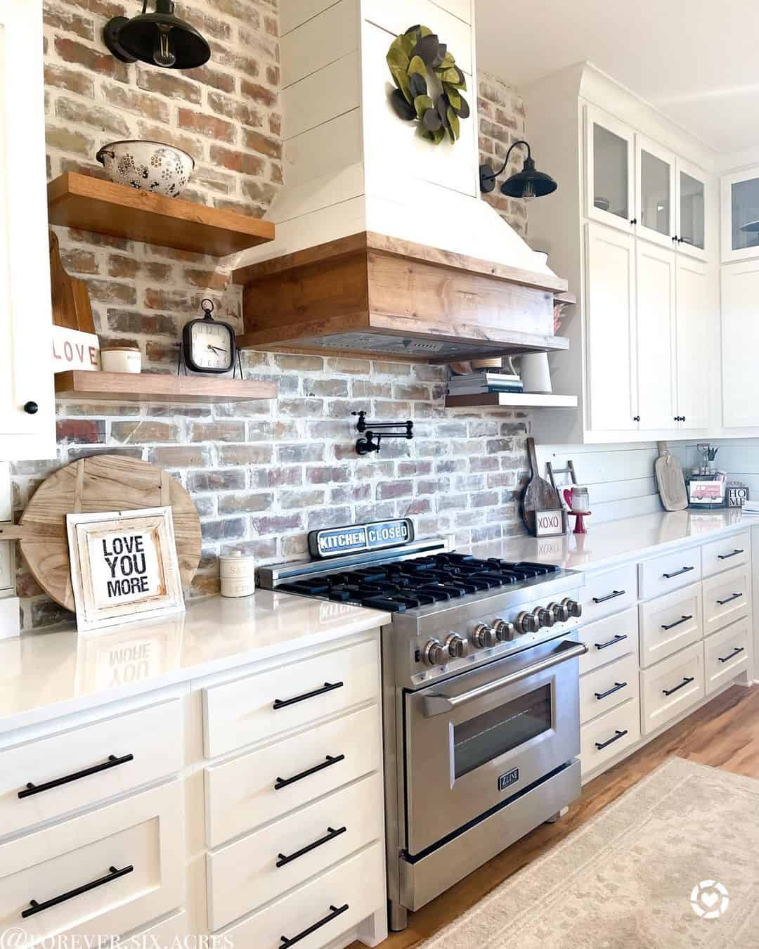 Farmhouse Kitchen with Mortar Wash Brick Backsplash Soul & Lane