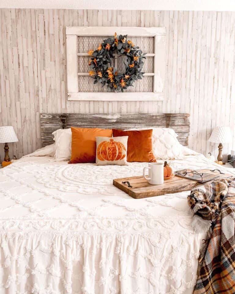 Rustic Wooden Bed Frame with Chenille Bedding