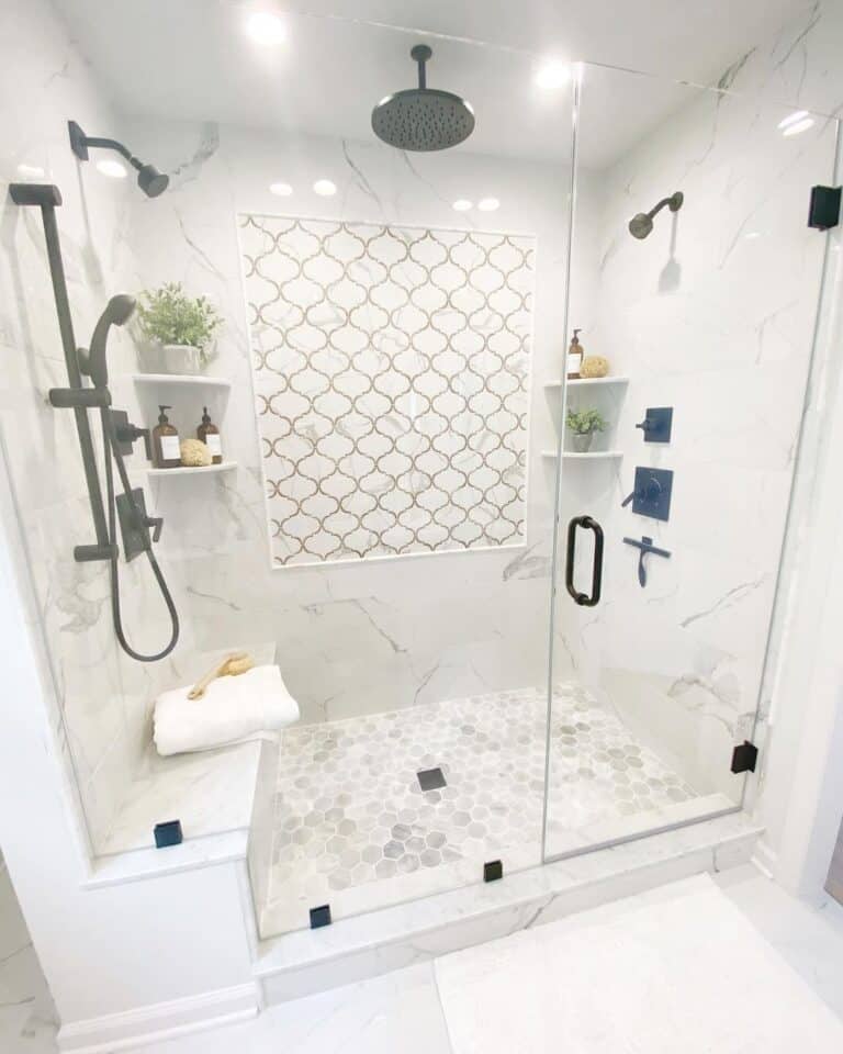 Shower with Quatrefoil Mosaic Tile Accent Wall