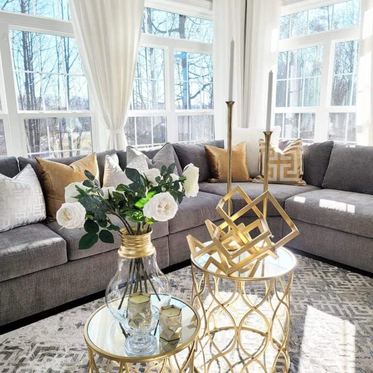 Gray Sectional with Gold Living Room Decor