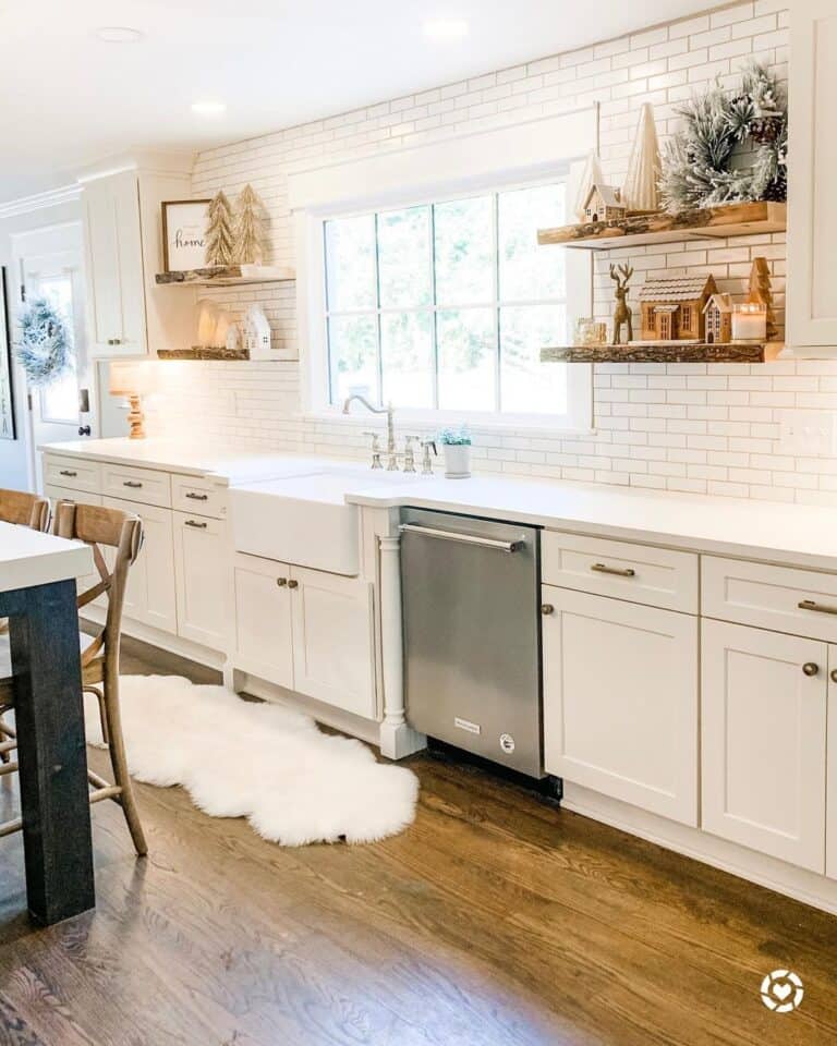 Staggered White Tile Backsplash Kitchen