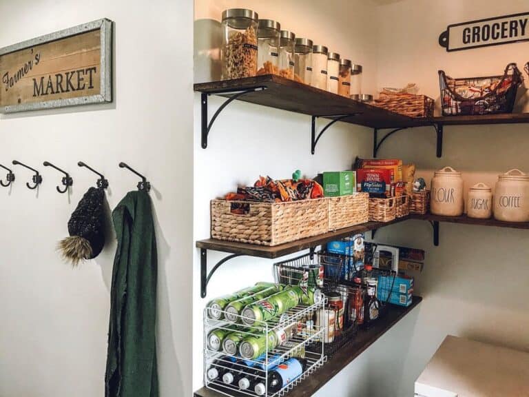 Stained Wood Pantry Shelves with Spices