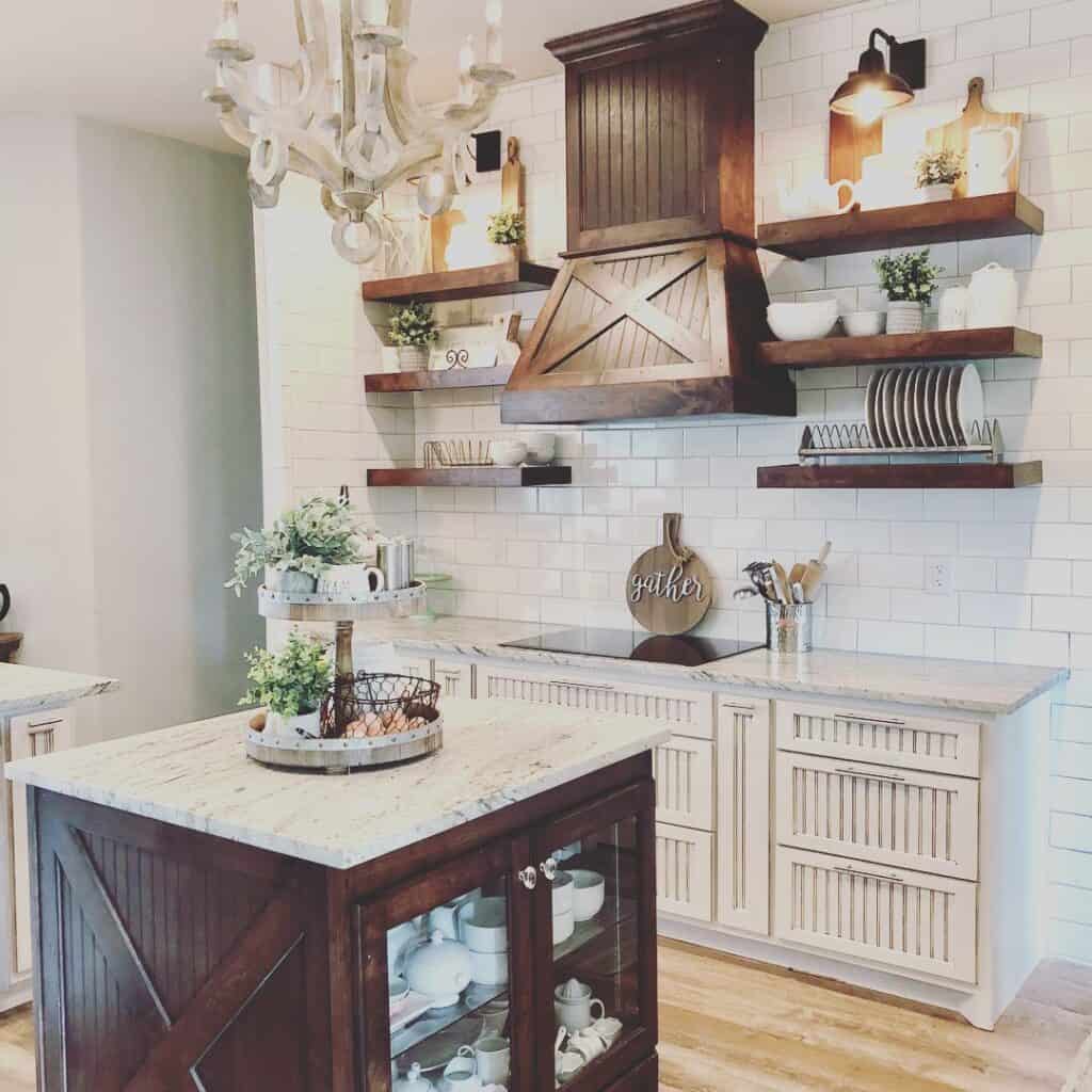 Stained Wood Range Hood with White Tile Backsplash