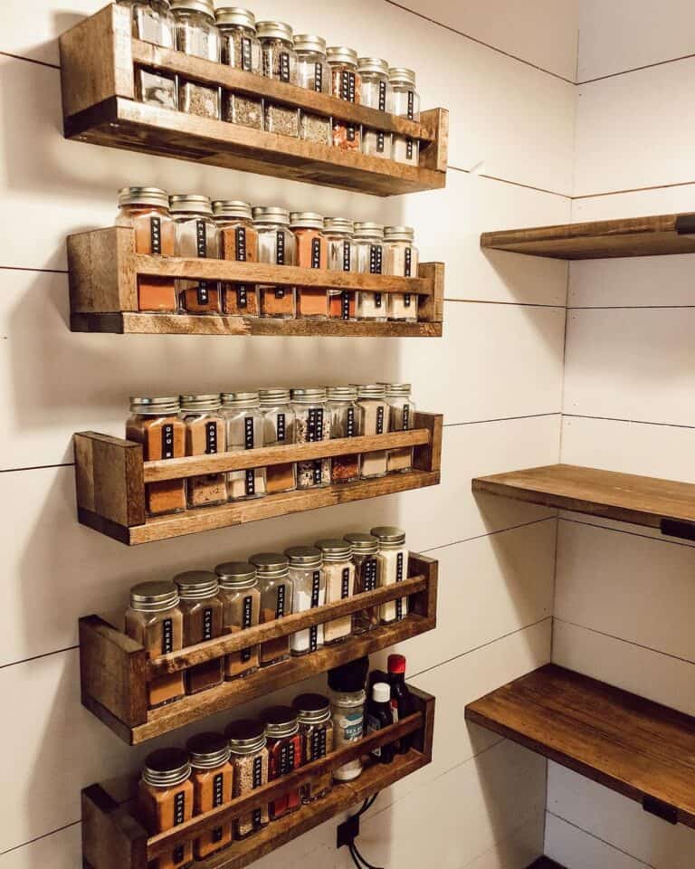 Stained Wood Spice Rack with Spices