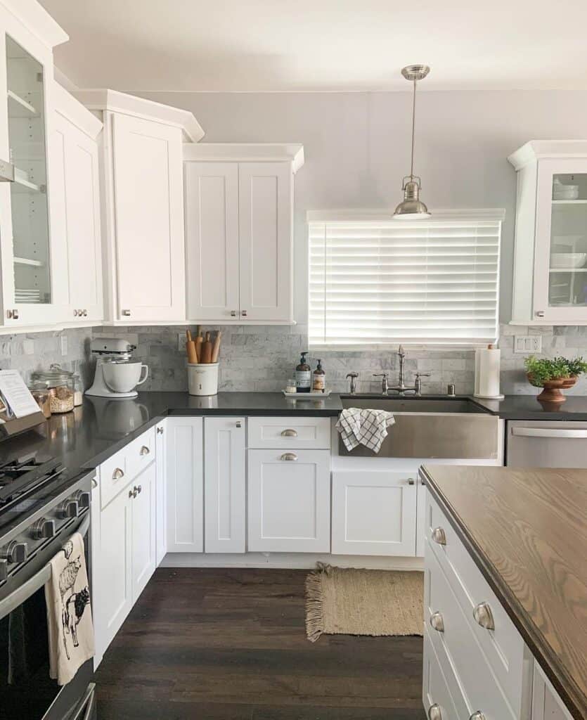 White Cabinets with Grey Kitchen Tile Backsplash