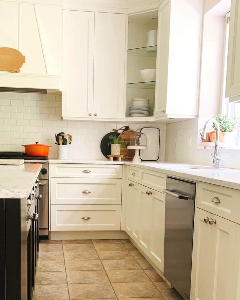 White Cabinets with White Tile Backsplash