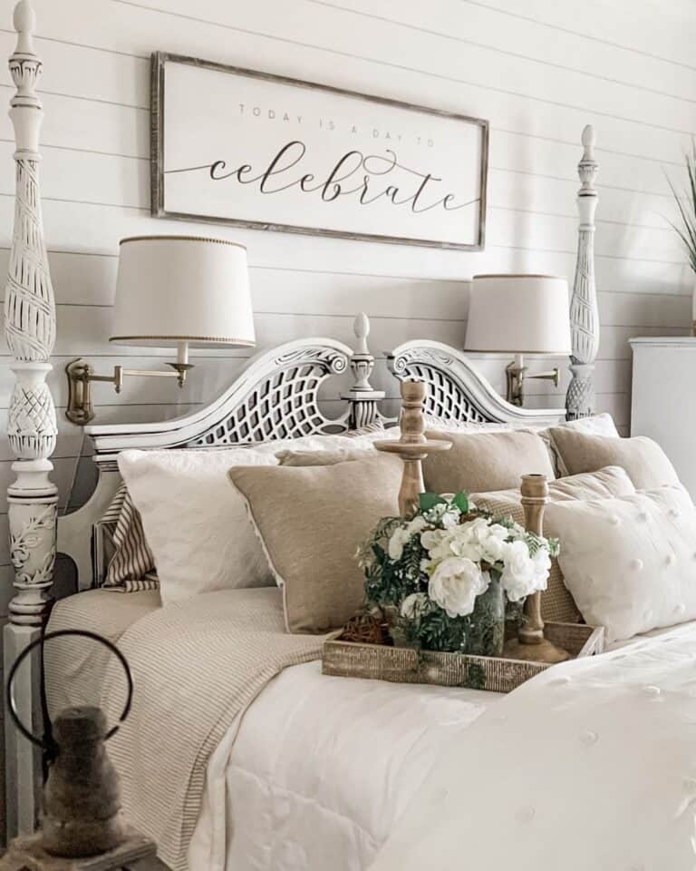 White Four Poster Rustic Farmhouse Bed