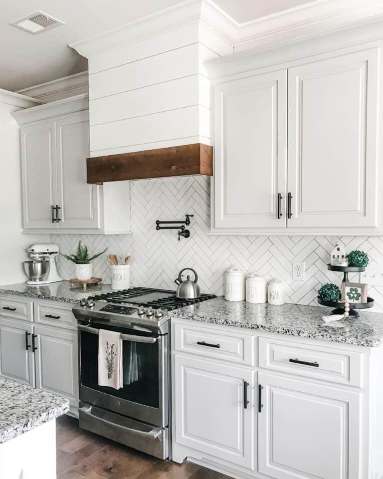 White Herringbone Tile Farmhouse Kitchen Backsplash