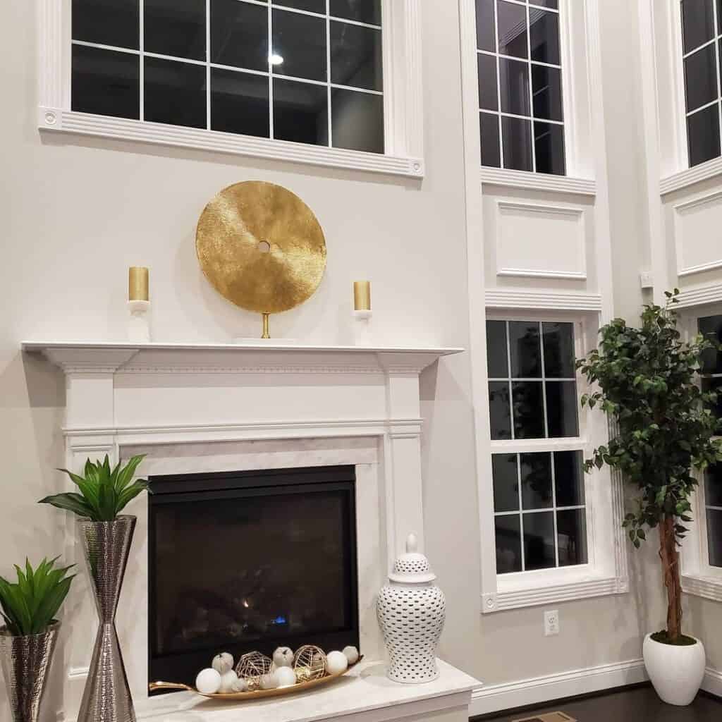 White Living Room Fireplace with Gold Decor